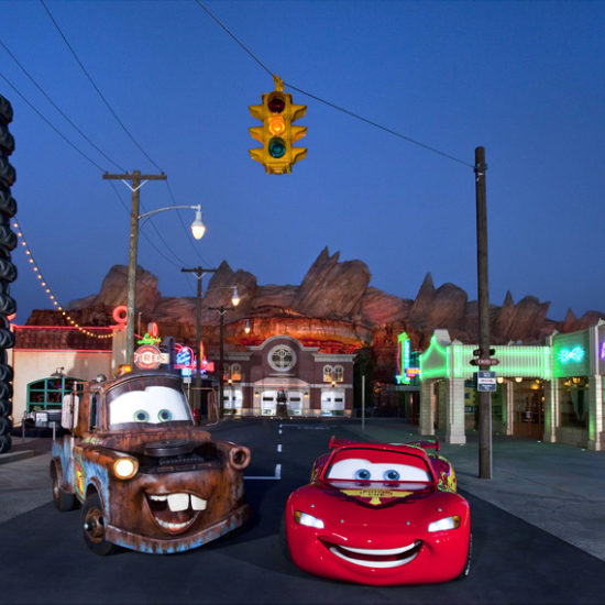 Lightning McQueen and Mater in front of Cars Land