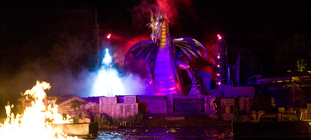 Fantasmic dragon at night breathing fire