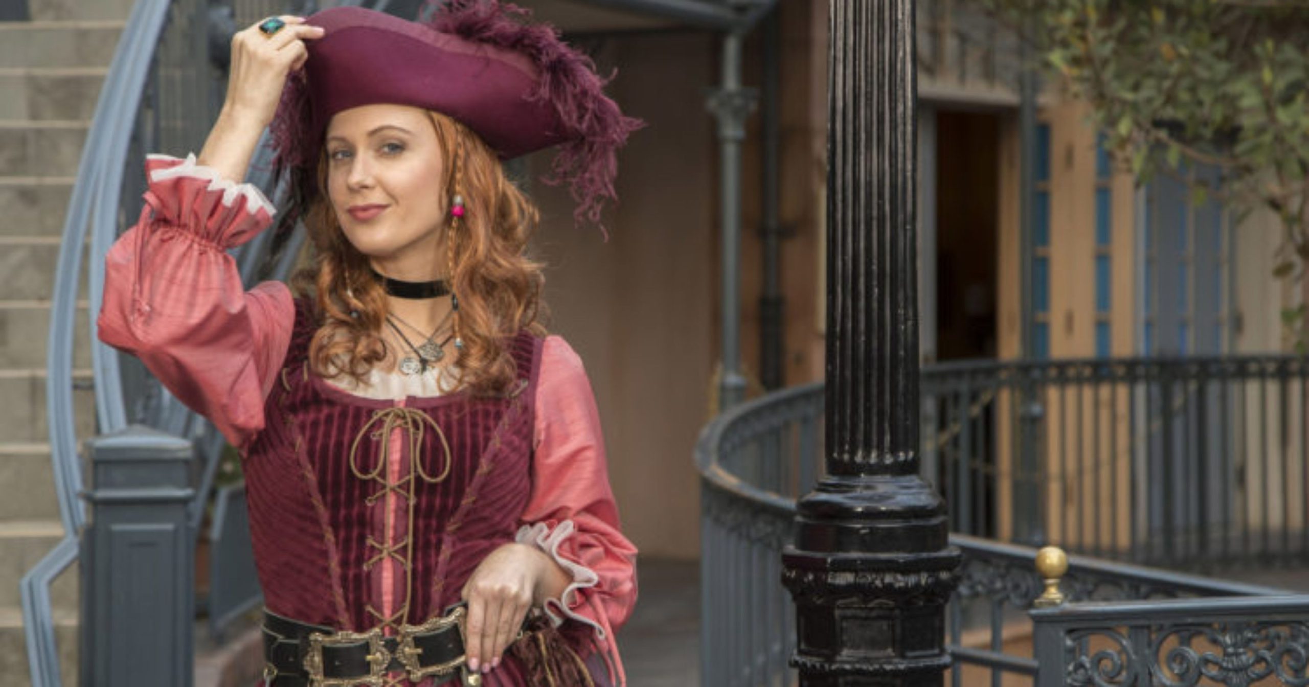 Close up visual of red haired pirate