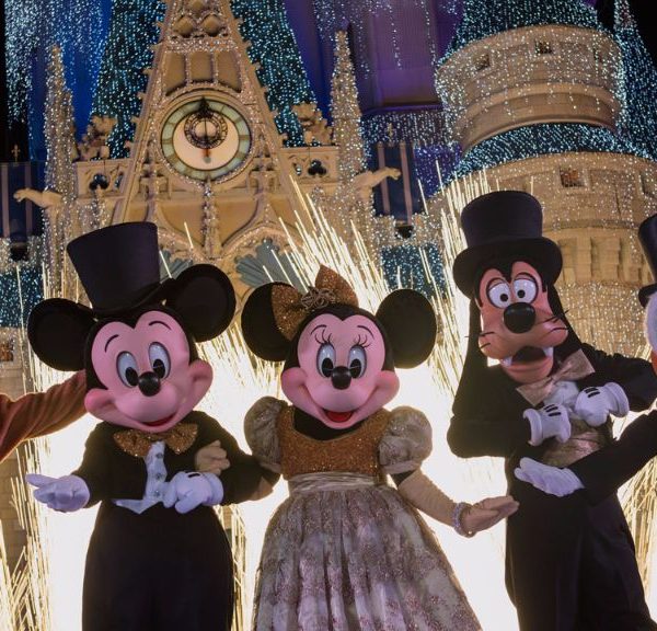 Walt Disney World characters dressed up for New Year's Eve