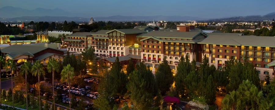 Outside of the Grand Californian Hotel lit up at night