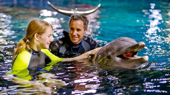 Man and child swim with a dolphin at Epcot