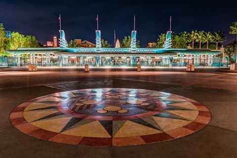 The entrance to Disney's California Adventure at night