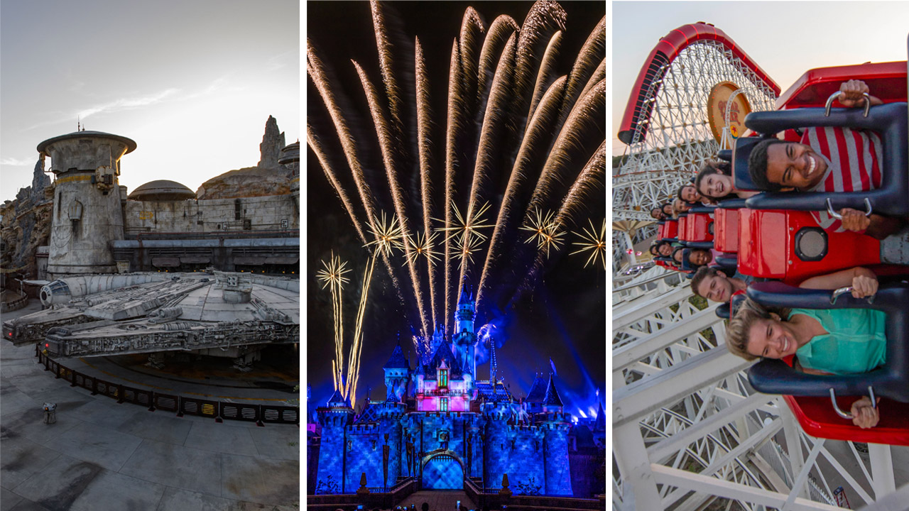 Three pictures of Star Wars land, Disneyland castle, and Incredicoaster side by side