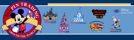 Pin trading logo on background with logos for Disney Parks