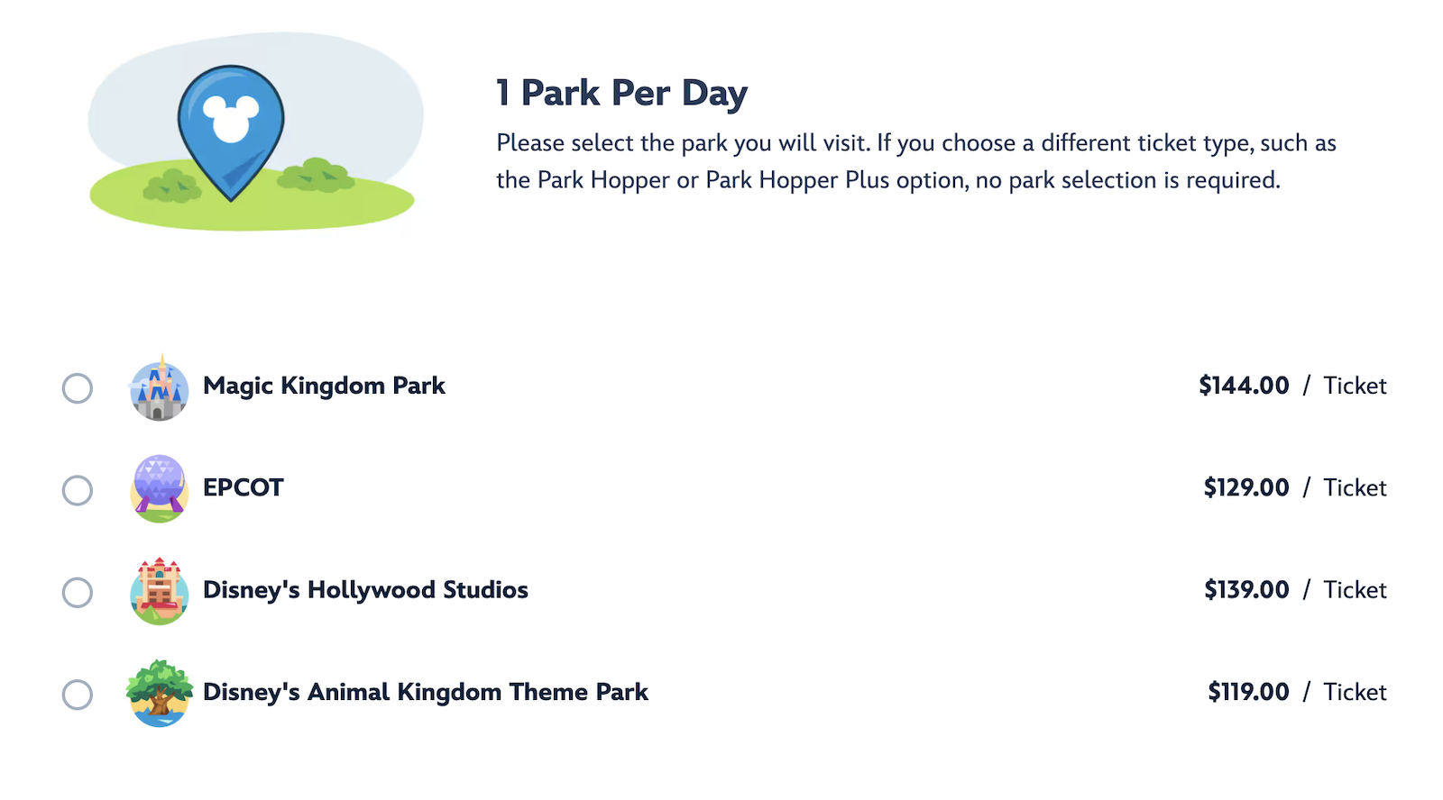 Disney World 1 day ticket prices website