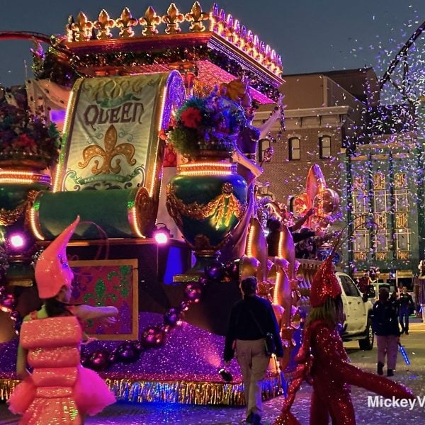 Mardi Gras float with confetti in the air
