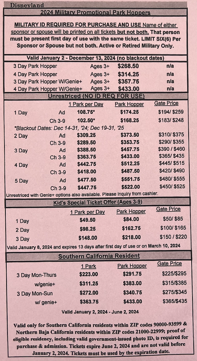 Disneyland military ticket pricing