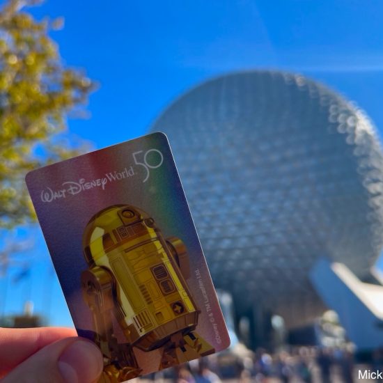 EPCOT Spaceship Earth with Disney World ticket held in front of it