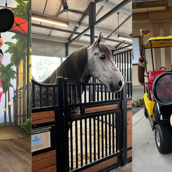 Mickey Mouse, horse and a Mickey Mouse golf cart