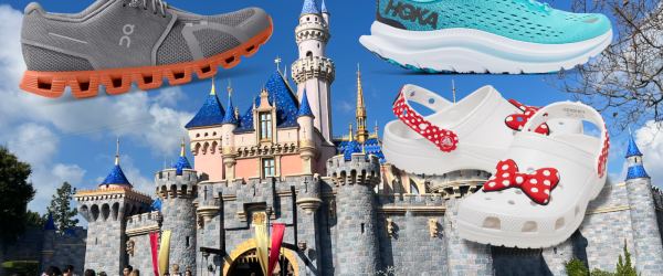 shoes on top of picture of disneyland castle