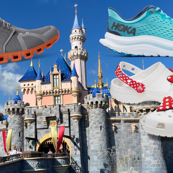 shoes on top of picture of disneyland castle