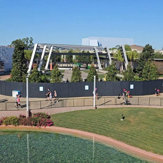 A view of CommuniCore Hall and CommuniCore Plaza from the monorail at EPCOT.