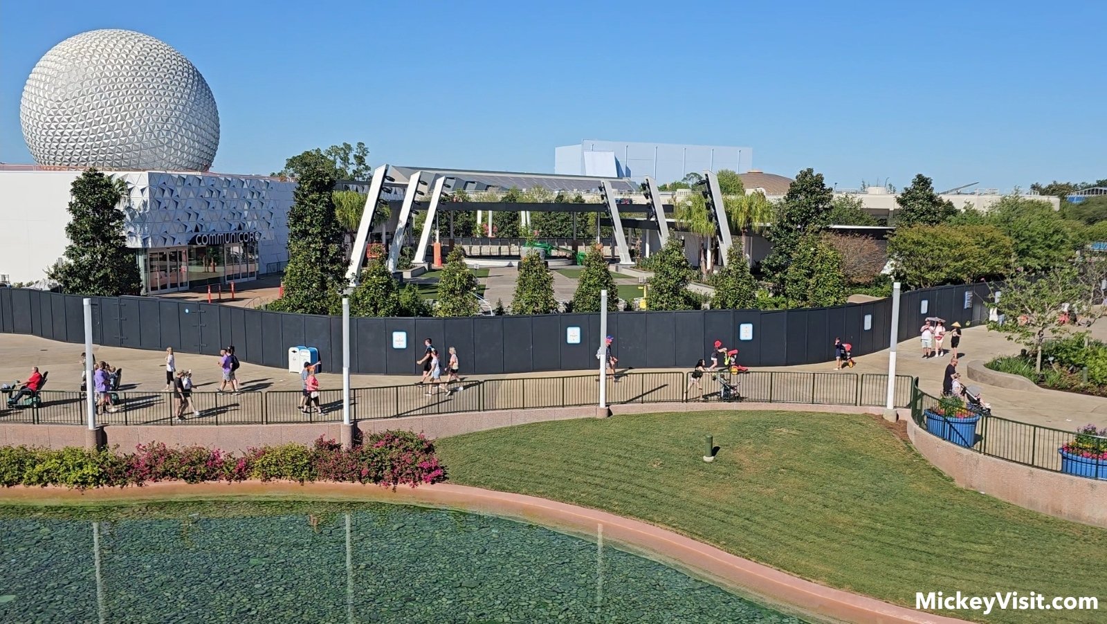 A view of CommuniCore Hall and CommuniCore Plaza from the monorail at EPCOT.