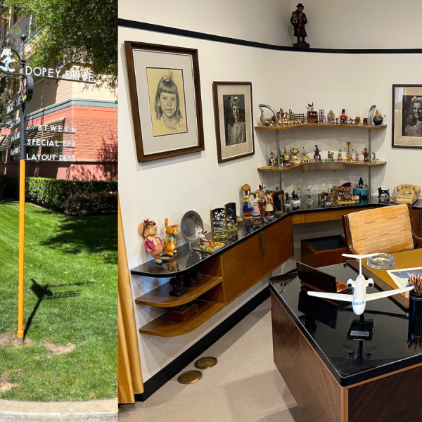 walt disney's desk and street sign at walt disney studios lot