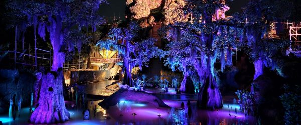 The nighttime lighting of Tiana's Bayou Adventure at Magic Kingdom Park.