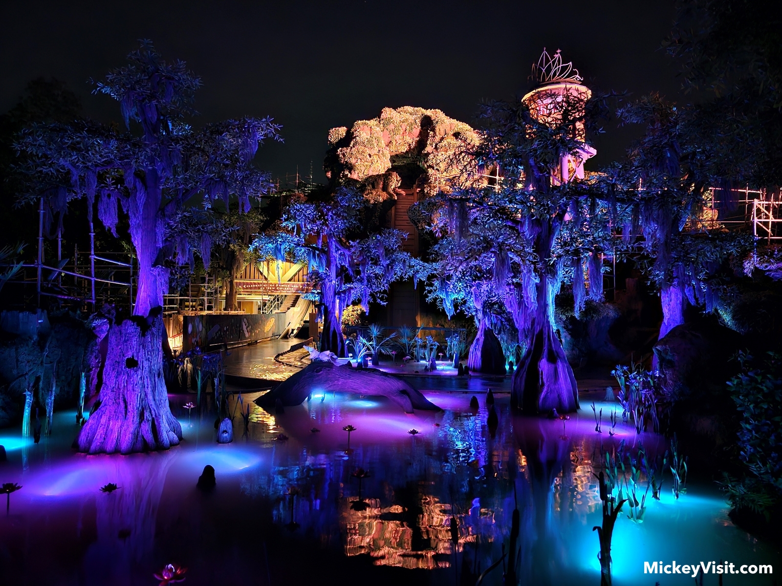 The nighttime lighting of Tiana's Bayou Adventure at Magic Kingdom Park.