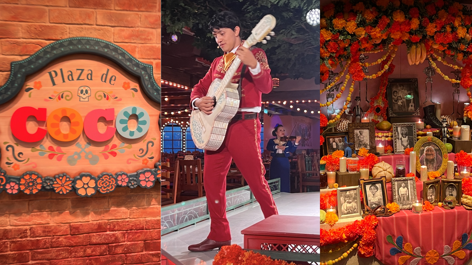 coco restaurant sign, miguel actor, ofrenda inside entrance to restaurant