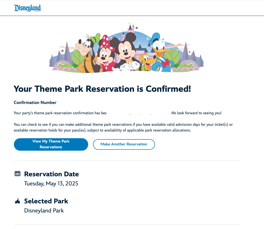 disneyland theme park reservation confirmation for modify