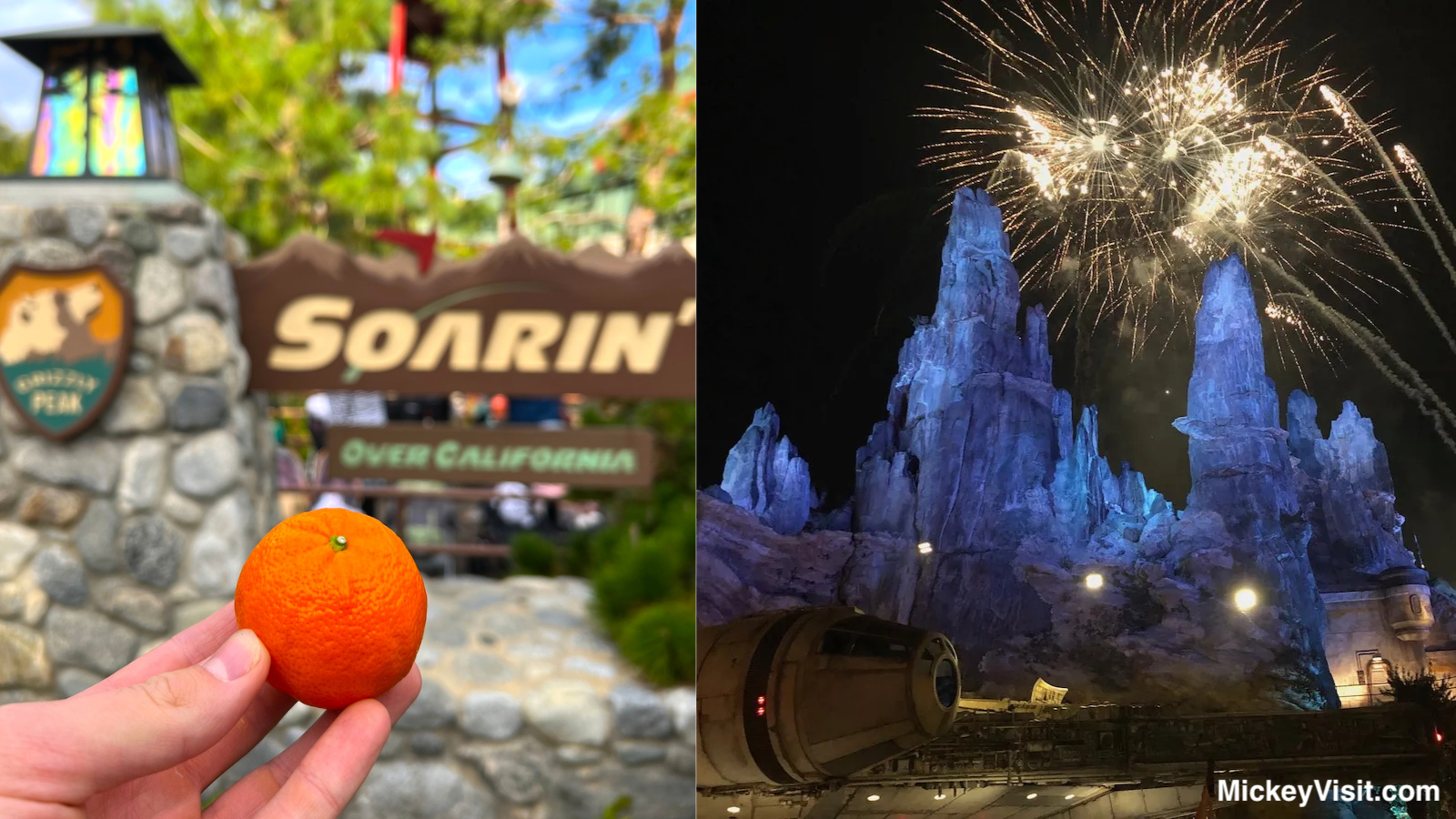 Disneyland Soarin' Over California orange and Galaxy's Edge Star Wars fireworks