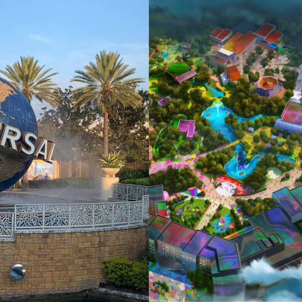 Universal Kids Resort concept art and Universal globe fountain