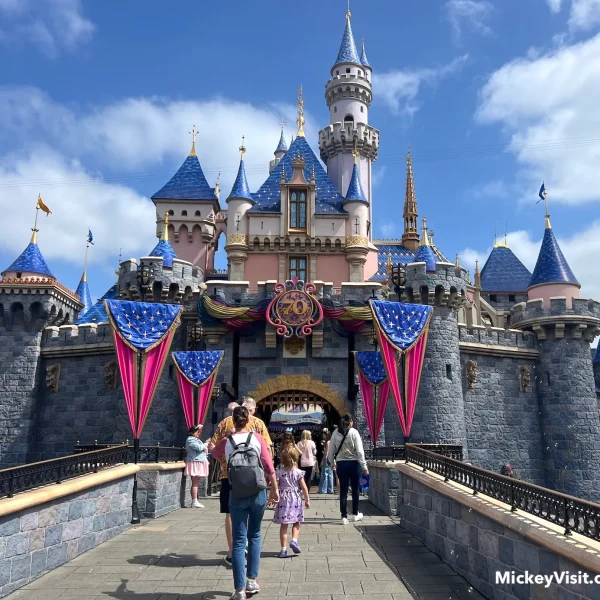 disneyland castle with 70th anniversary celebration decorations