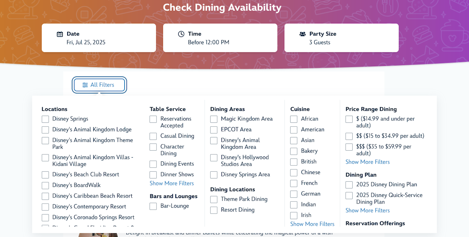 Disney World dining reservations new filters website