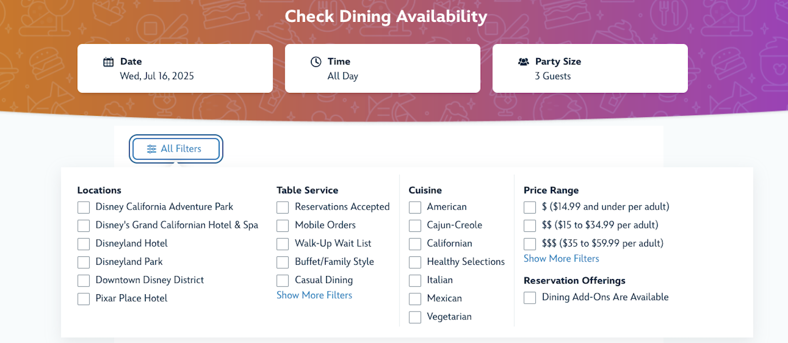 new changes on Disneyland website dining reservations filter