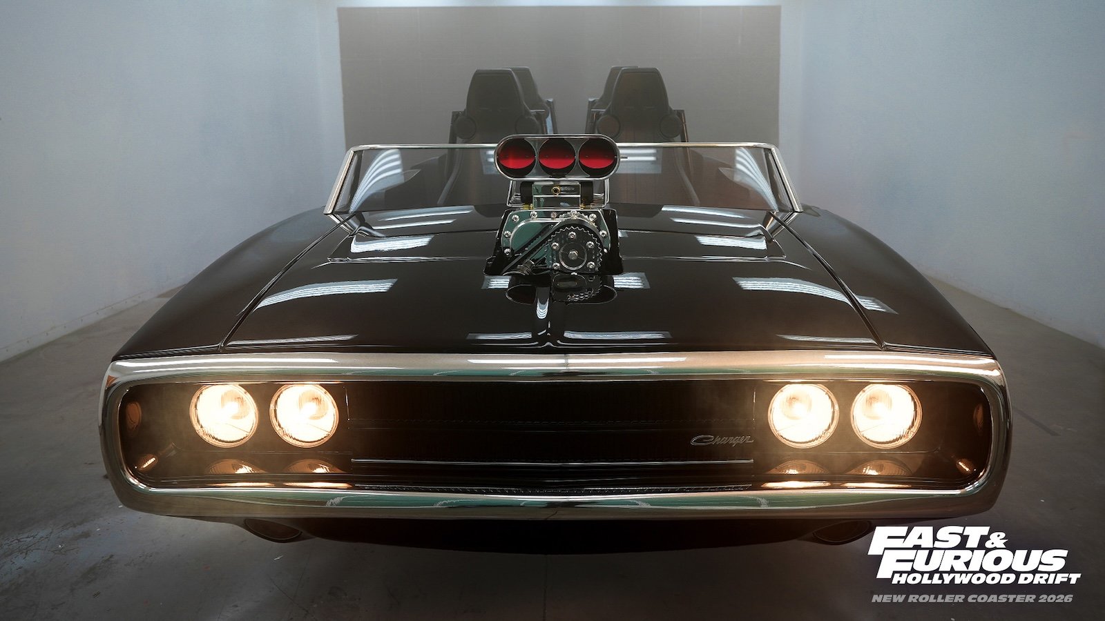 Fast Furious: Hollywood Drift ride vehicle modeled after Dominic Toretto’s 1970 Dodge Charger 