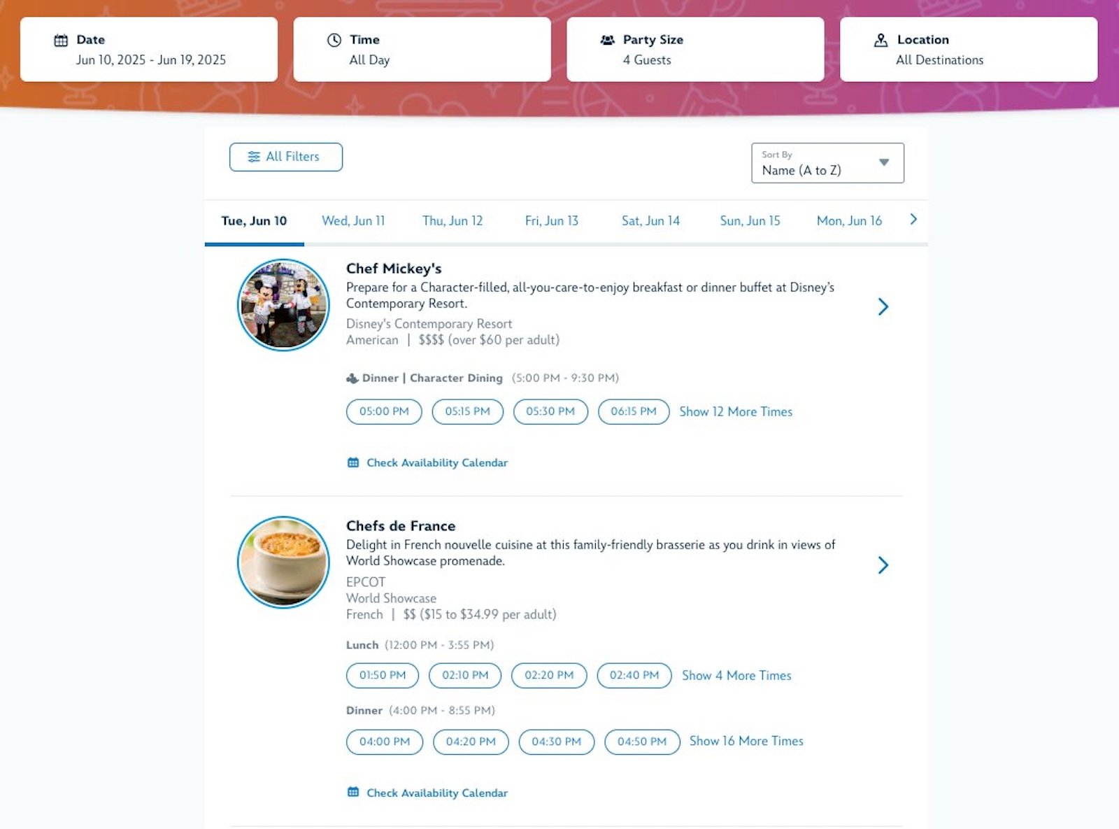 Disney World website dining reservations new features