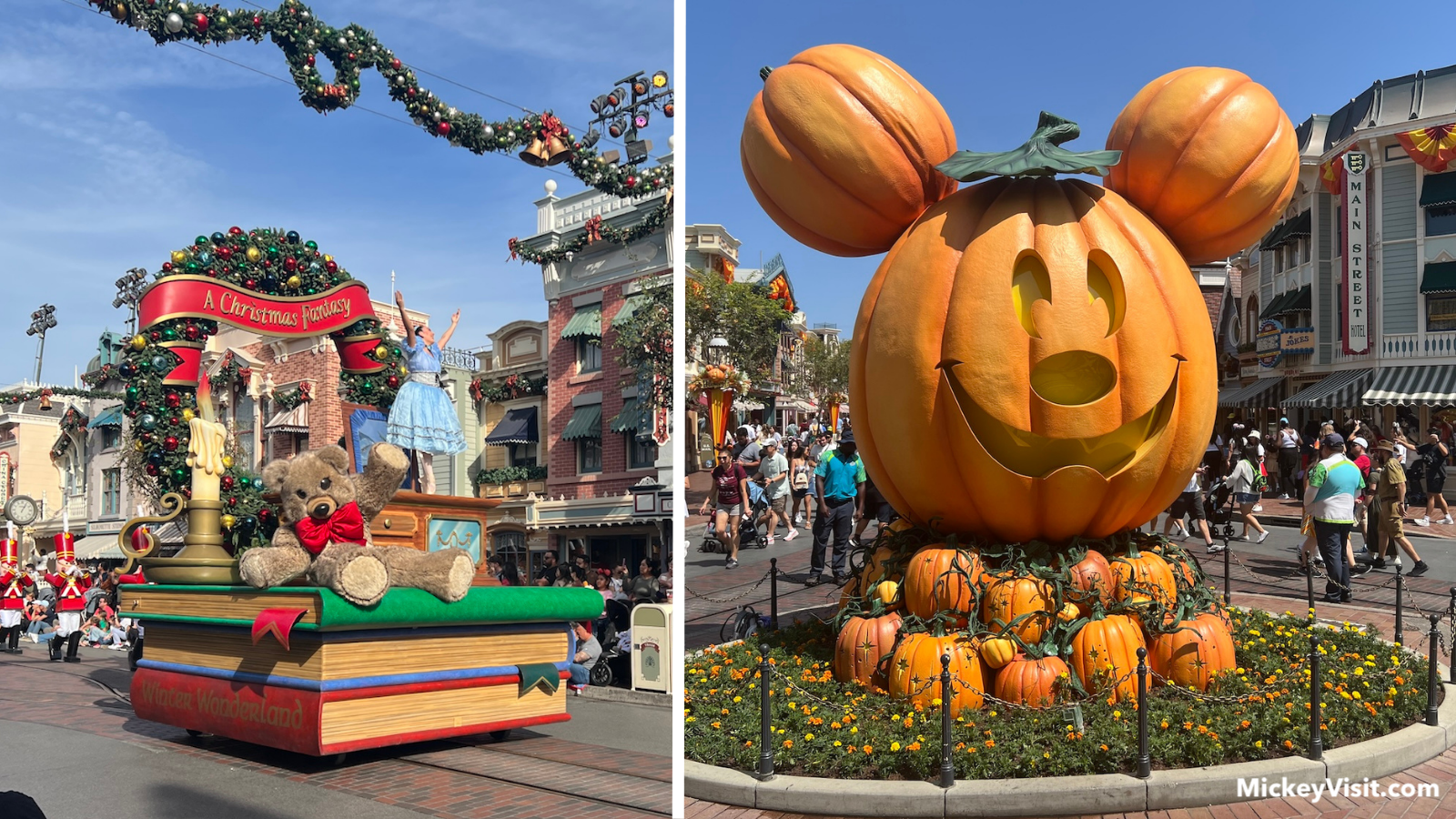 A Christmas Fantasy parade and Halloween Mickey pumpkin Disneyland