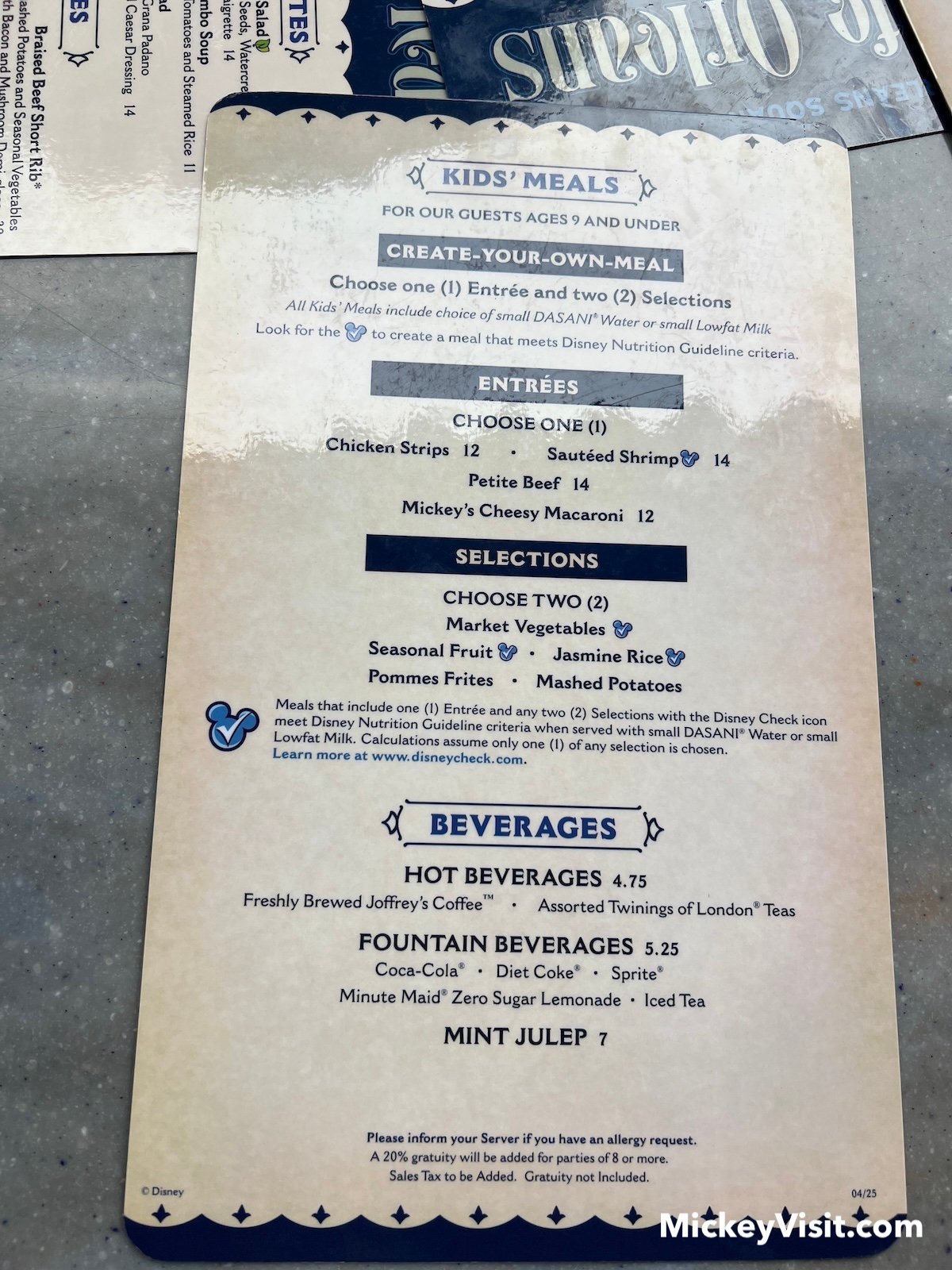 Cafe Orleans kids menu