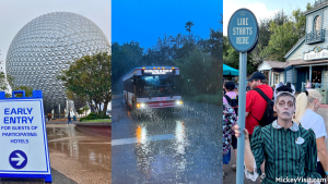 Early Theme Park Entry sign, Walt Disney World bus in rain, Cast Member line sign