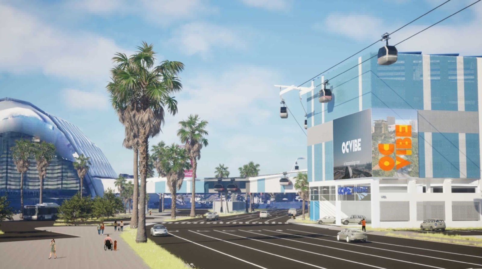 Anaheim potential gondola system concept art near OC Vibe