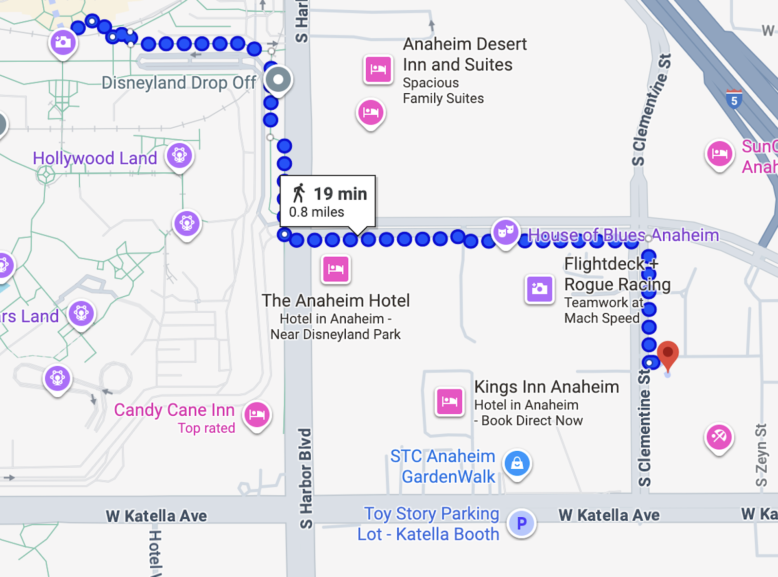 map of walk from new Road House Hotel to Disneyland 