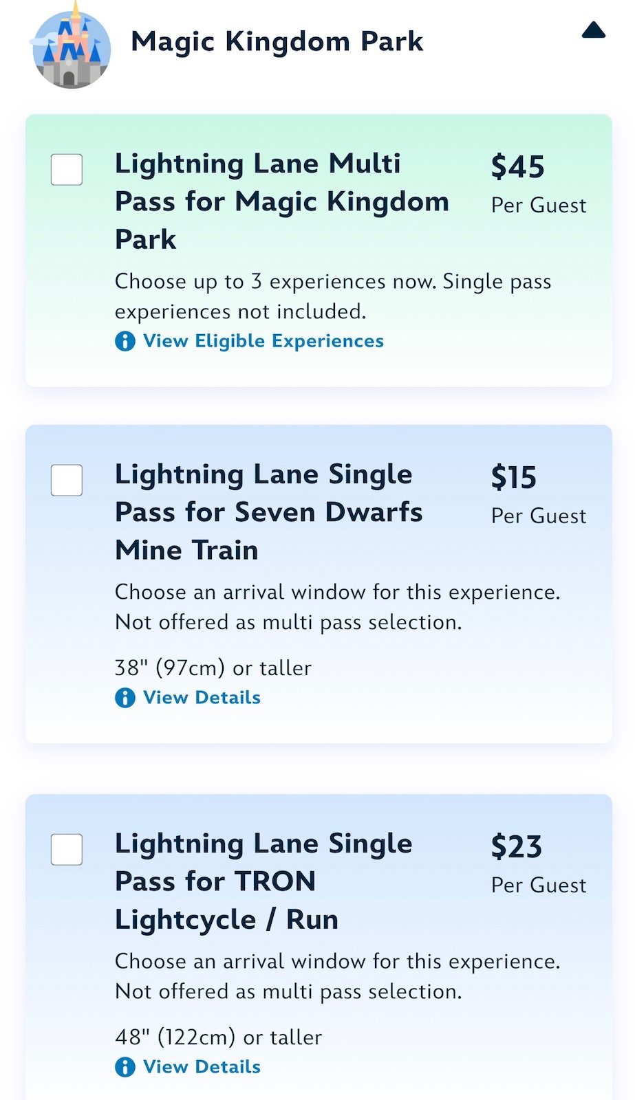 Magic Kingdom peak Lightning Lane pricing