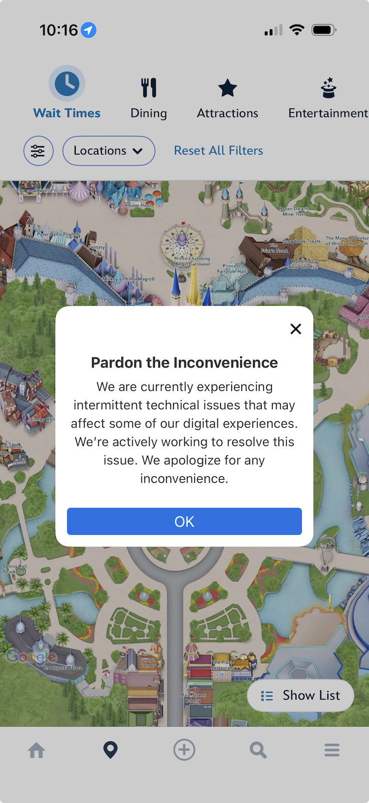 Disney World app technical issue message