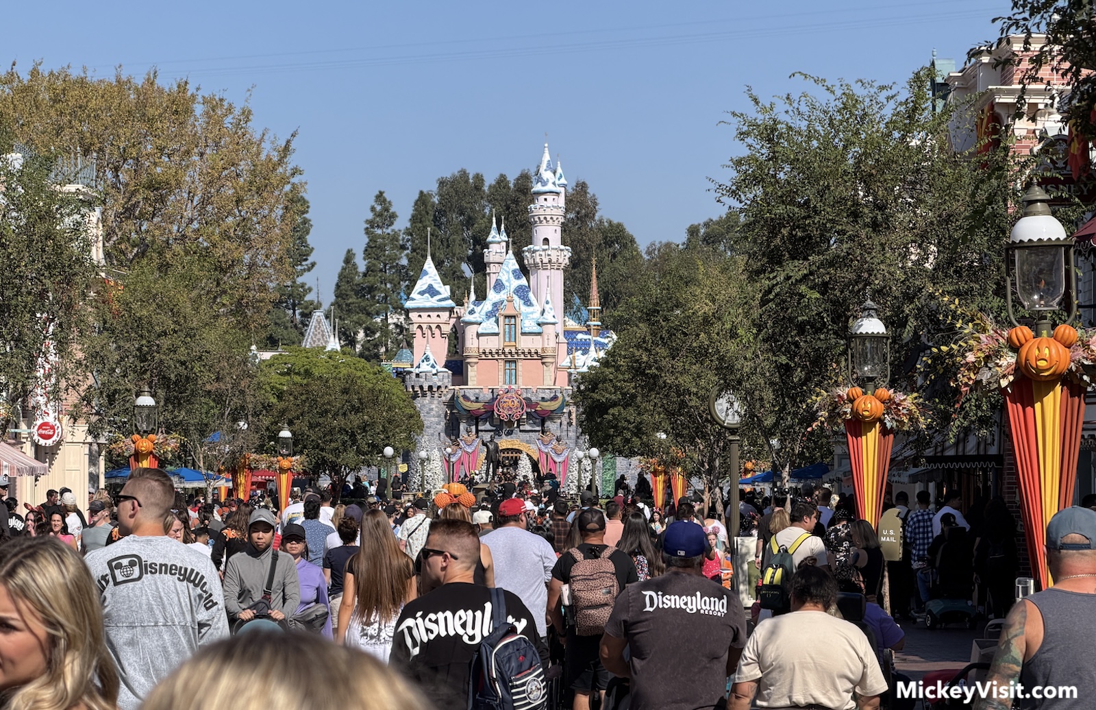 Disneyland crowds with Halloween decor and winter castle