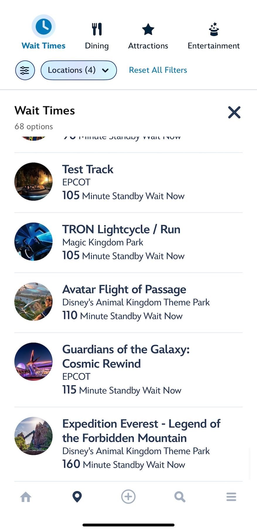 Wait times screen shot
