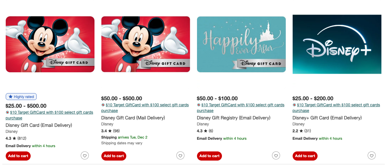 target disney gift cards screenshot