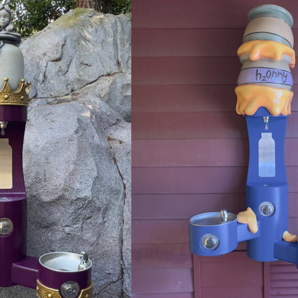 Disneyland themed drinking fountains Winnie the Pooh and Alice in Wonderland