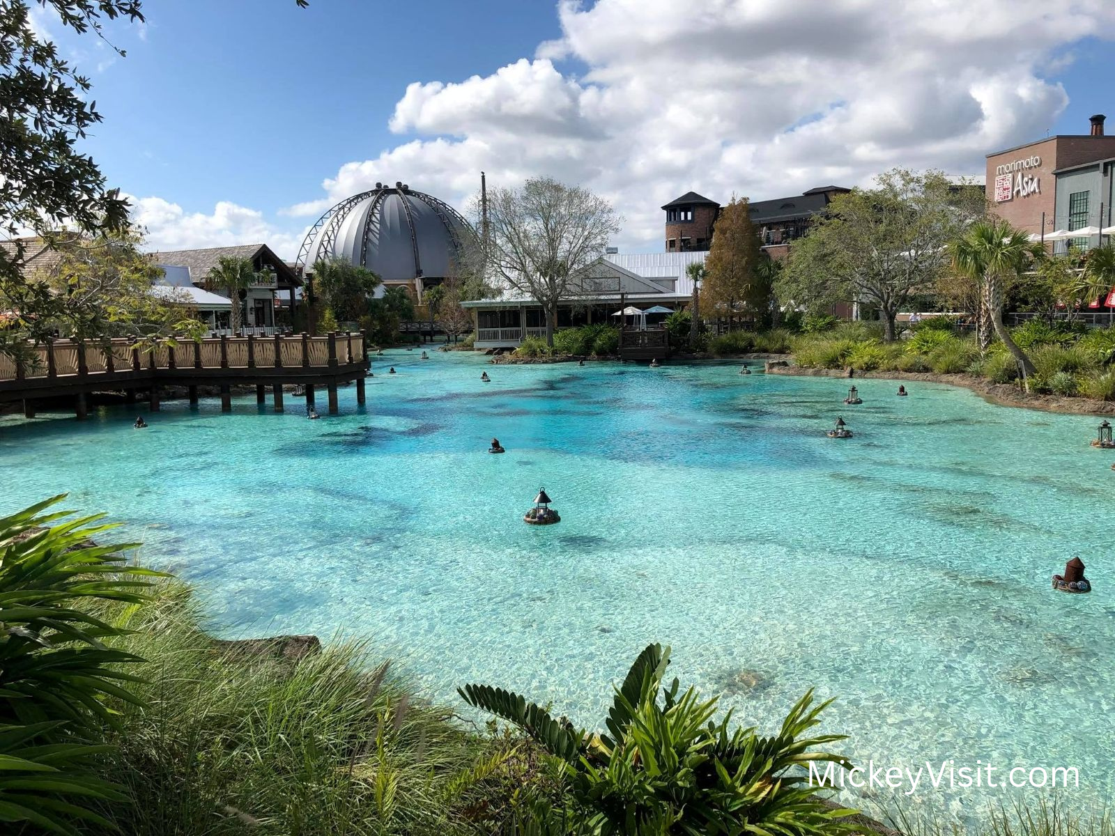 View of Disney Springs lagoon and shopping district in Orlando