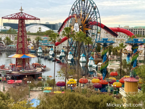 A view of Pixar Pier at Disney Calfornia Adventure, featuring Pixar Pal-A-Round and the incredicoaster.