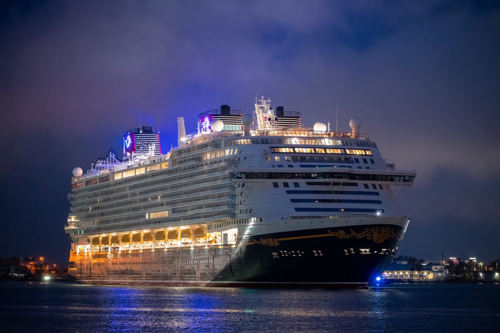Disney Adventure cruise ship at night