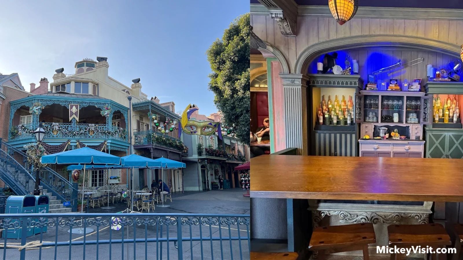 Split screen between the exterior and interior of the seating area