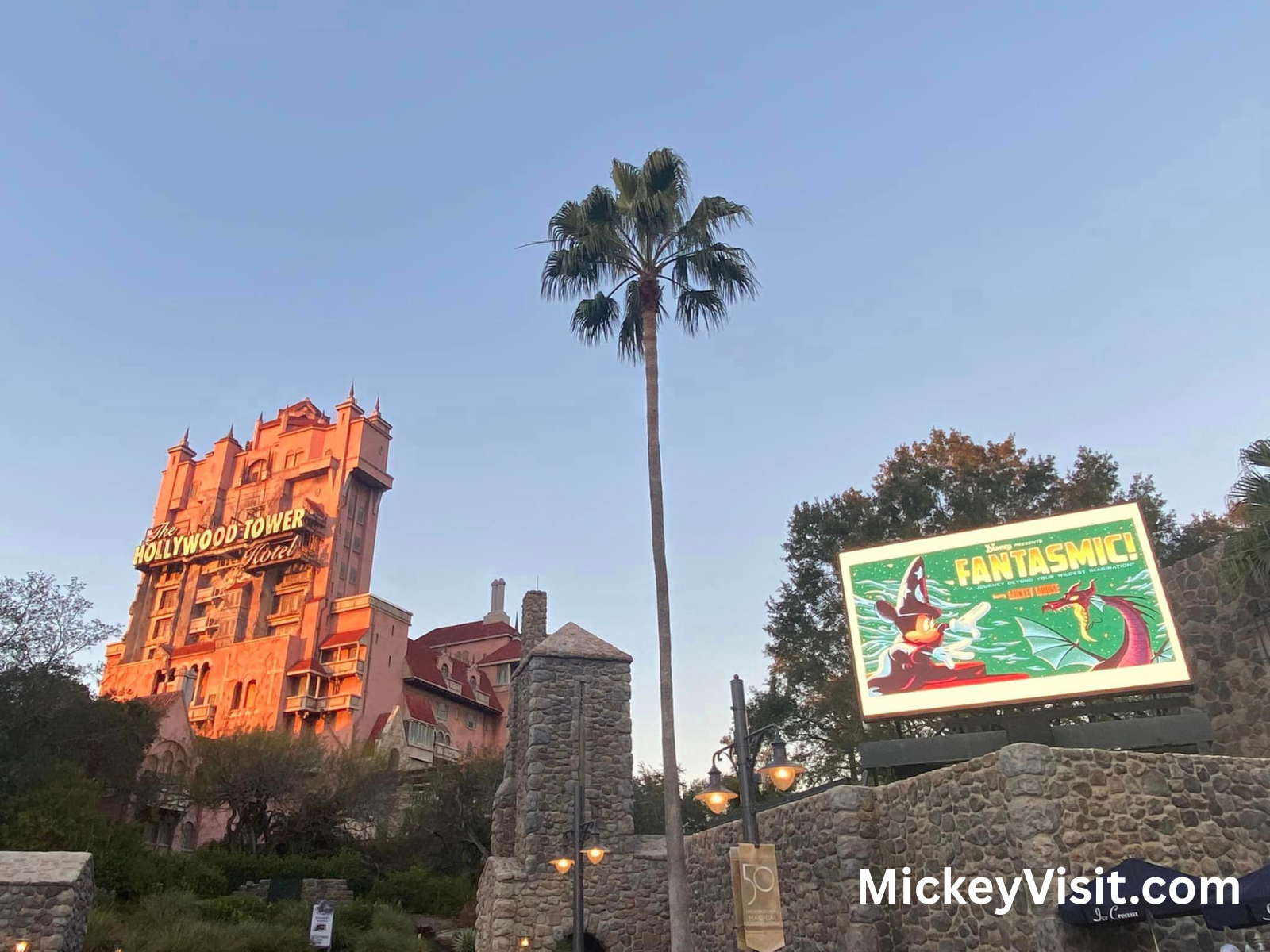 Tower of Terror and the Fantasmic sign at Hollywood Studios