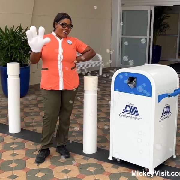 Disney World Cast Member waving with bubbles and Mickey glove