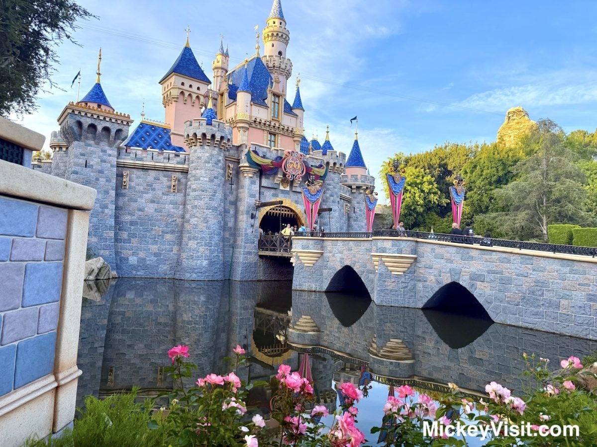 Disneyland Sleeping Beauty Castle with flowers and 70th anniversary decor