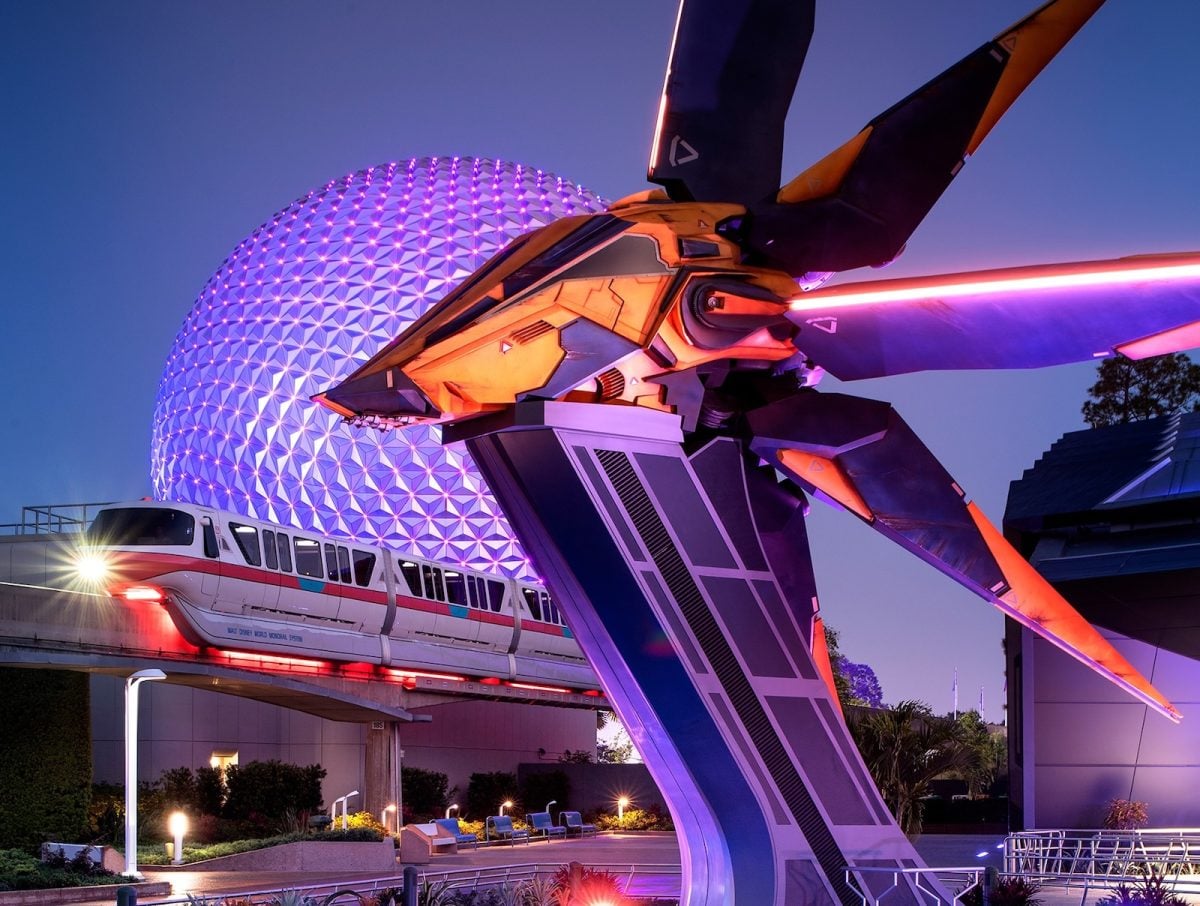 Monorail and Spaceship Earth with Guardians of the Galaxy: Cosmic Rewind entrance