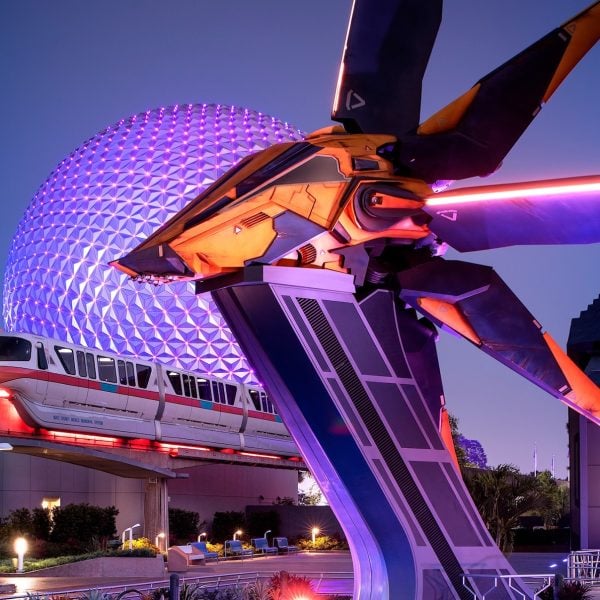 Monorail and Spaceship Earth with Guardians of the Galaxy: Cosmic Rewind entrance